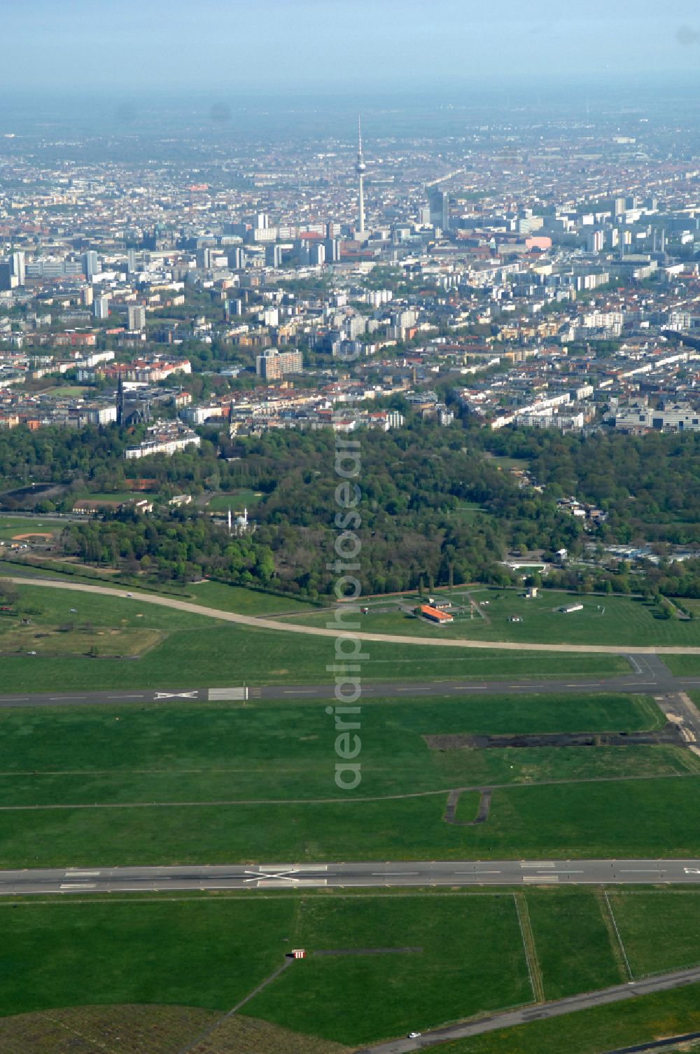 Berlin from the bird's eye view: Facade of the monument Flughafen Tempelhof on Platz of Luftbruecke in Berlin, Germany