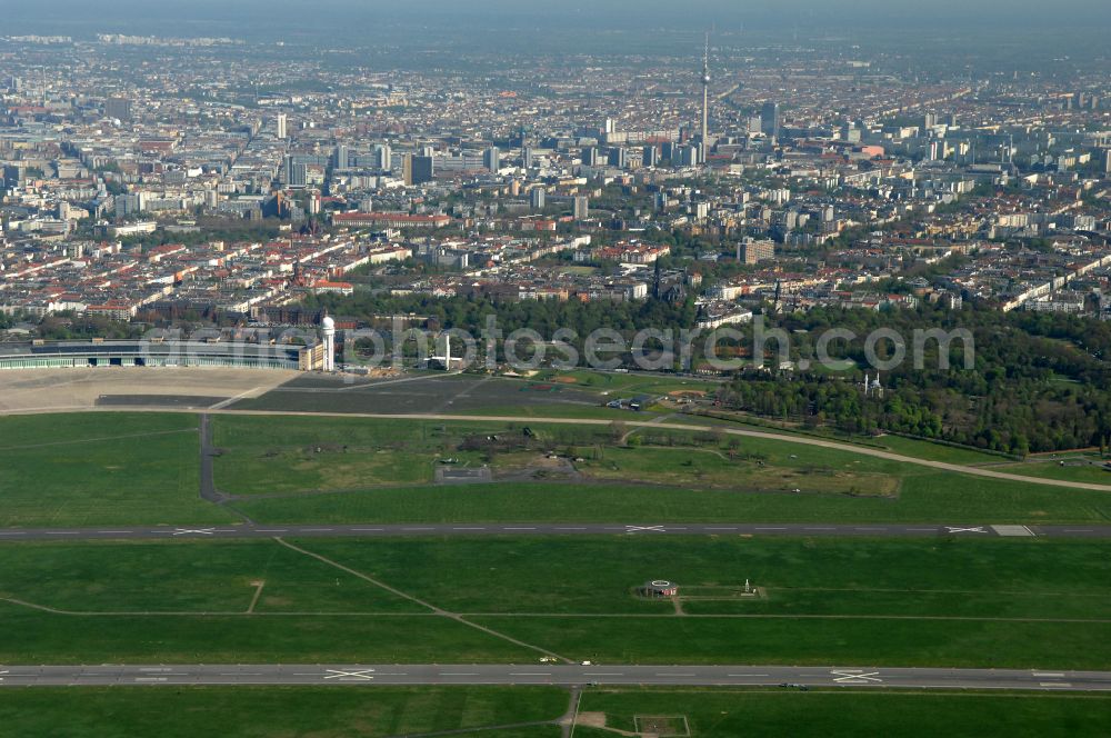 Berlin from above - Facade of the monument Flughafen Tempelhof on Platz of Luftbruecke in Berlin, Germany