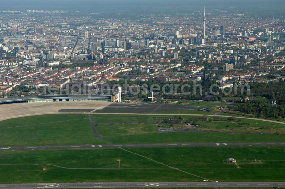 Berlin from the bird's eye view: Facade of the monument Flughafen Tempelhof on Platz of Luftbruecke in Berlin, Germany