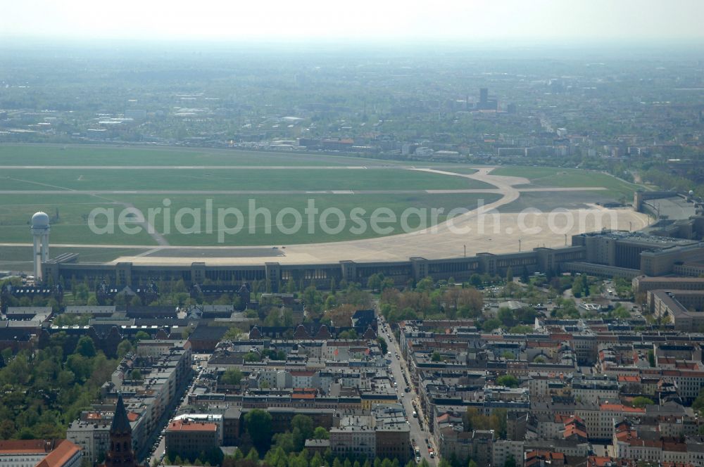 Berlin from above - Facade of the monument Flughafen Tempelhof on Platz of Luftbruecke in Berlin, Germany