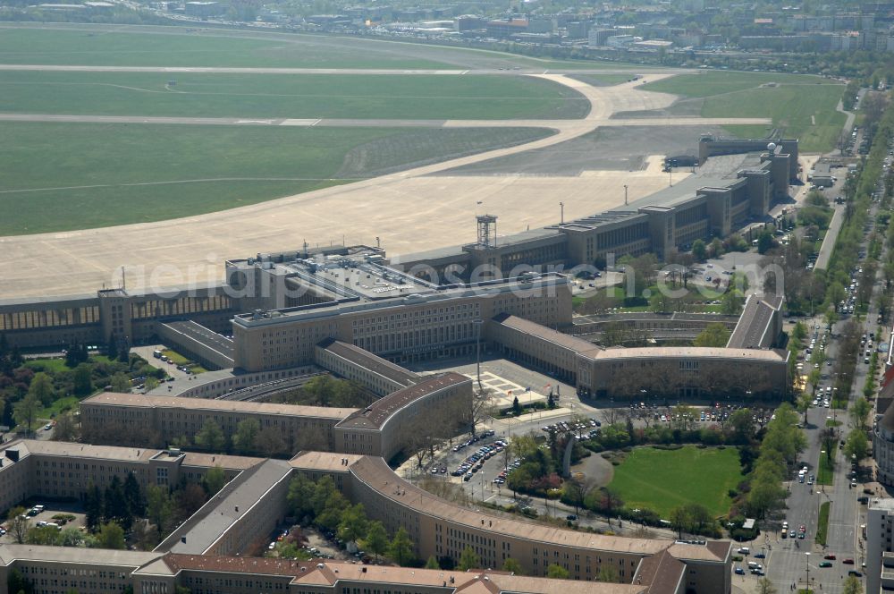 Berlin from above - Facade of the monument Flughafen Tempelhof on Platz of Luftbruecke in Berlin, Germany