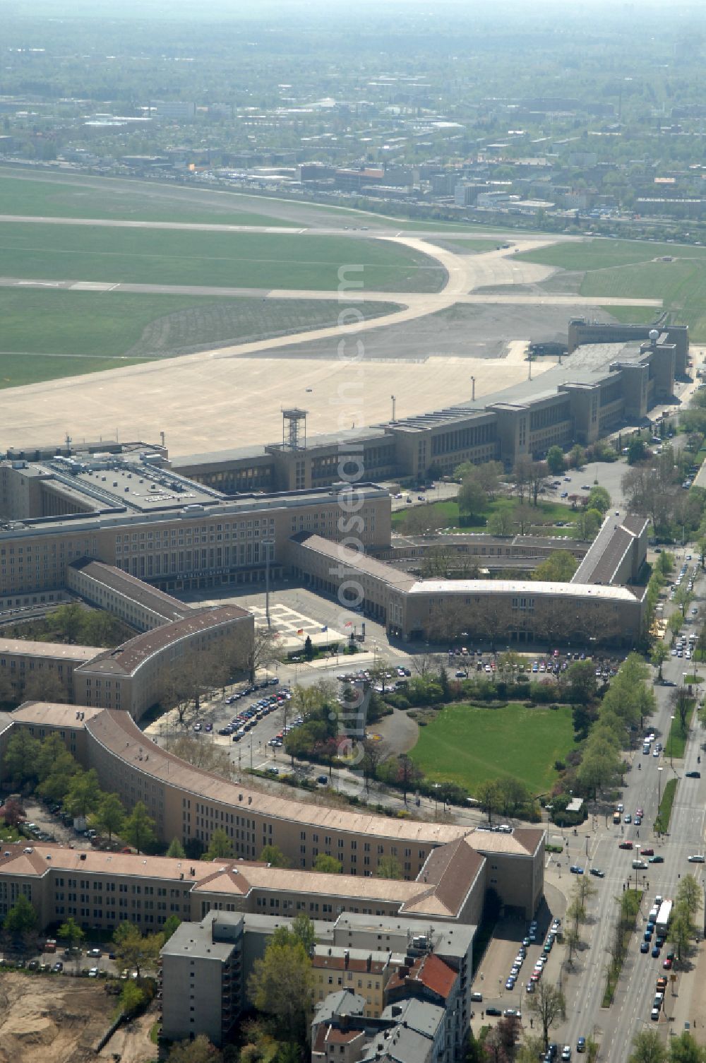 Berlin from the bird's eye view: Facade of the monument Flughafen Tempelhof on Platz of Luftbruecke in Berlin, Germany