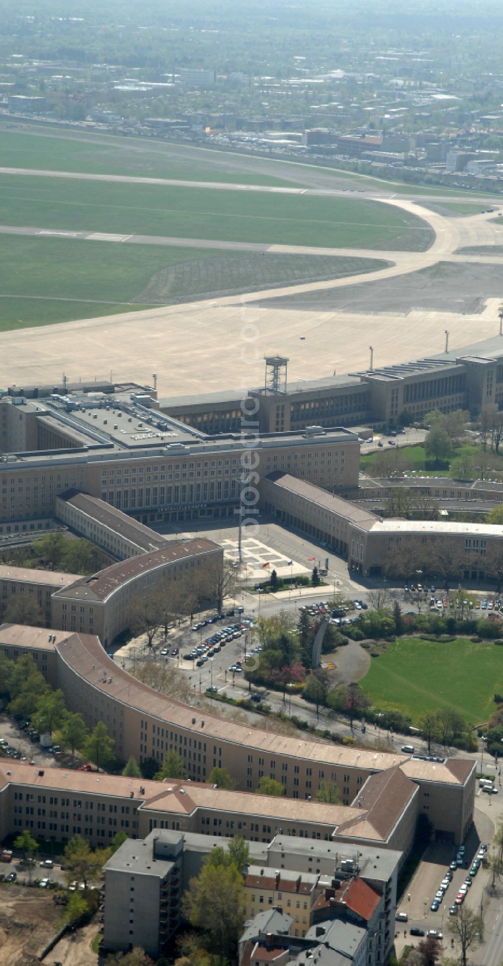 Aerial image Berlin - Facade of the monument Flughafen Tempelhof on Platz of Luftbruecke in Berlin, Germany