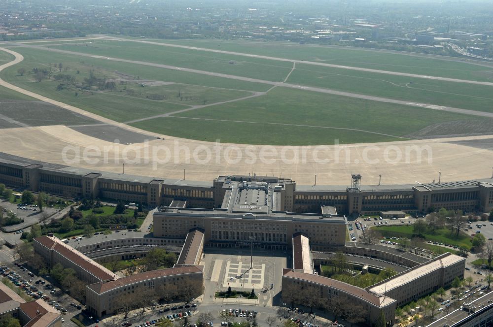 Berlin from above - Facade of the monument Flughafen Tempelhof on Platz of Luftbruecke in Berlin, Germany