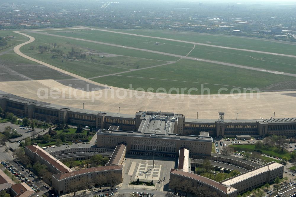 Berlin from the bird's eye view: Facade of the monument Flughafen Tempelhof on Platz of Luftbruecke in Berlin, Germany