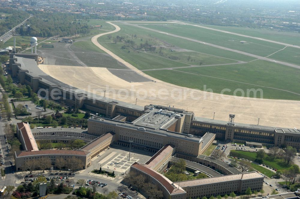 Berlin from above - Facade of the monument Flughafen Tempelhof on Platz of Luftbruecke in Berlin, Germany