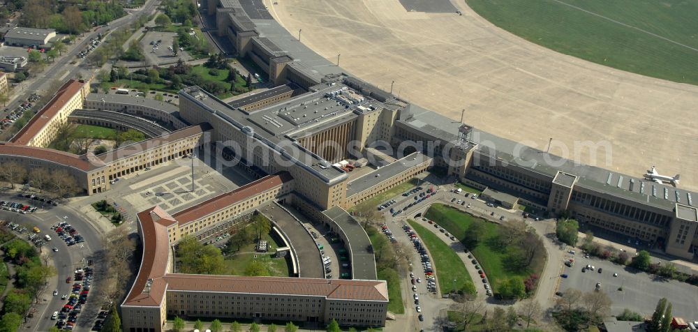 Berlin from above - Facade of the monument Flughafen Tempelhof on Platz of Luftbruecke in Berlin, Germany