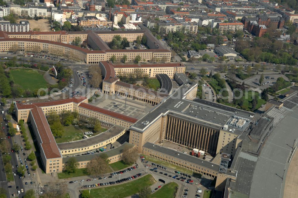 Aerial image Berlin - Facade of the monument Flughafen Tempelhof on Platz of Luftbruecke in Berlin, Germany