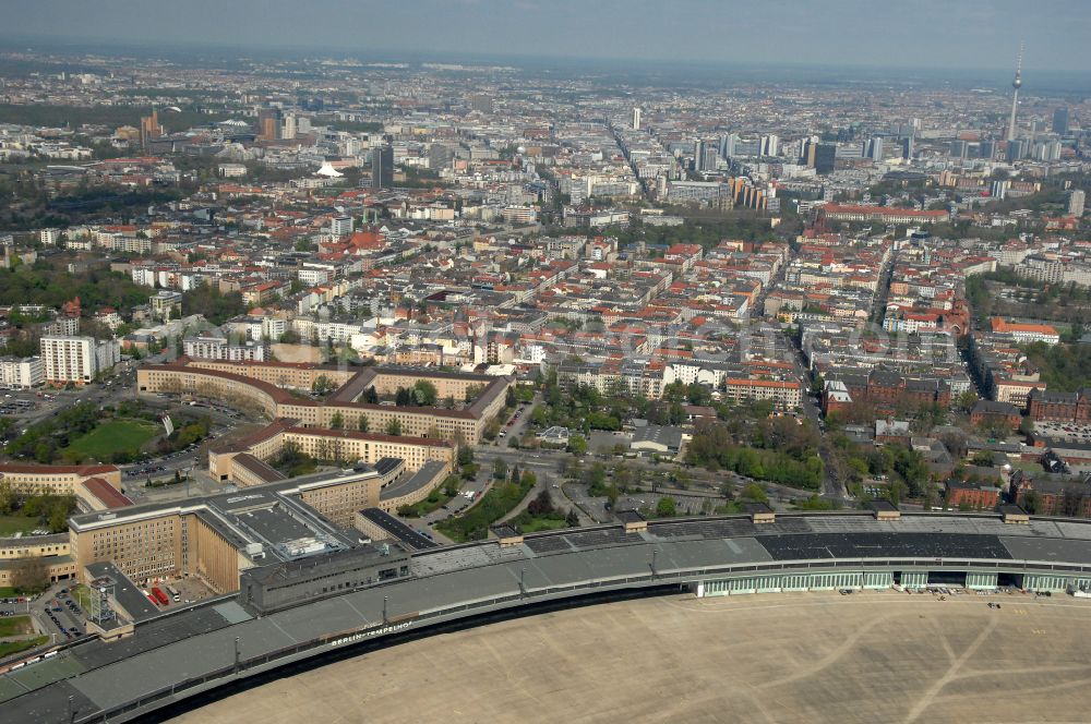 Berlin from above - Facade of the monument Flughafen Tempelhof on Platz of Luftbruecke in Berlin, Germany