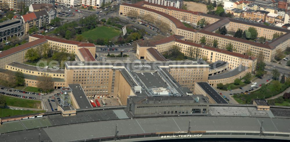 Berlin from the bird's eye view: Facade of the monument Flughafen Tempelhof on Platz of Luftbruecke in Berlin, Germany