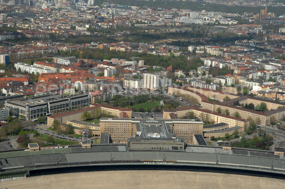 Berlin from above - Facade of the monument Flughafen Tempelhof on Platz of Luftbruecke in Berlin, Germany