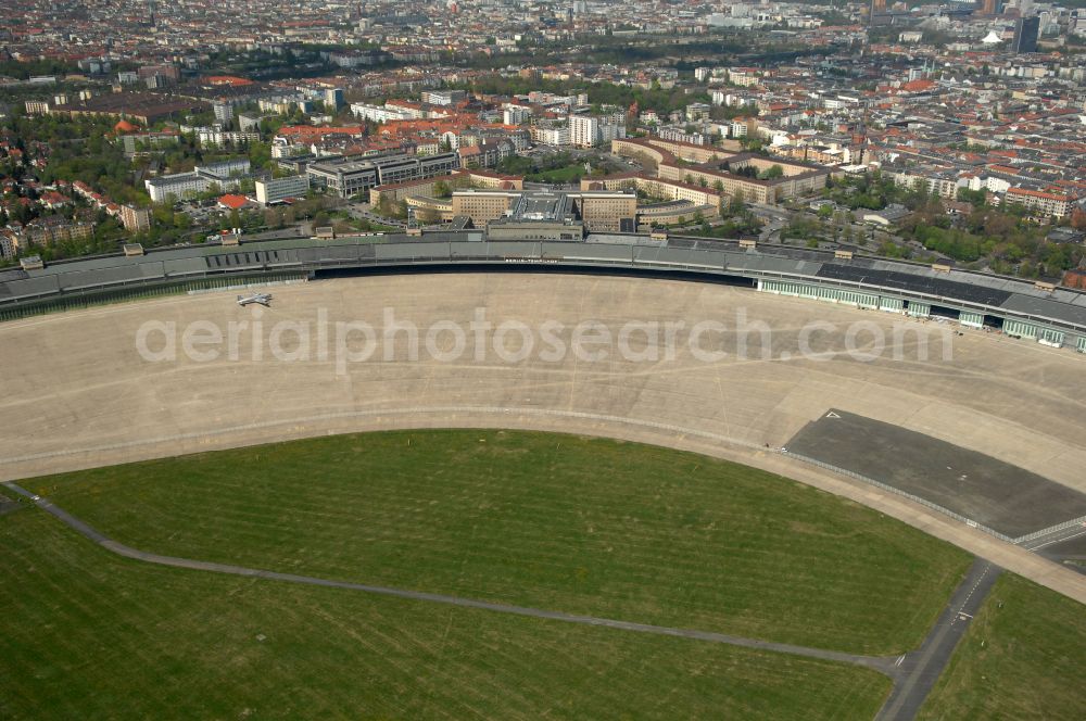 Berlin from the bird's eye view: Facade of the monument Flughafen Tempelhof on Platz of Luftbruecke in Berlin, Germany