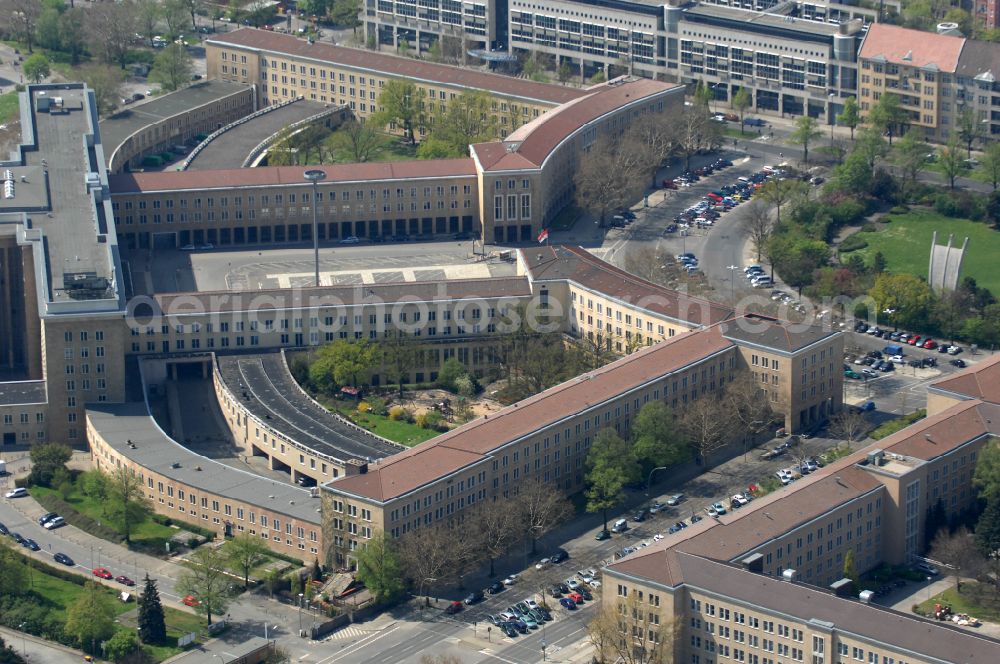 Berlin from above - Facade of the monument Flughafen Tempelhof on Platz of Luftbruecke in Berlin, Germany