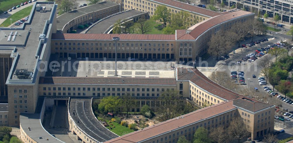 Berlin from the bird's eye view: Facade of the monument Flughafen Tempelhof on Platz of Luftbruecke in Berlin, Germany