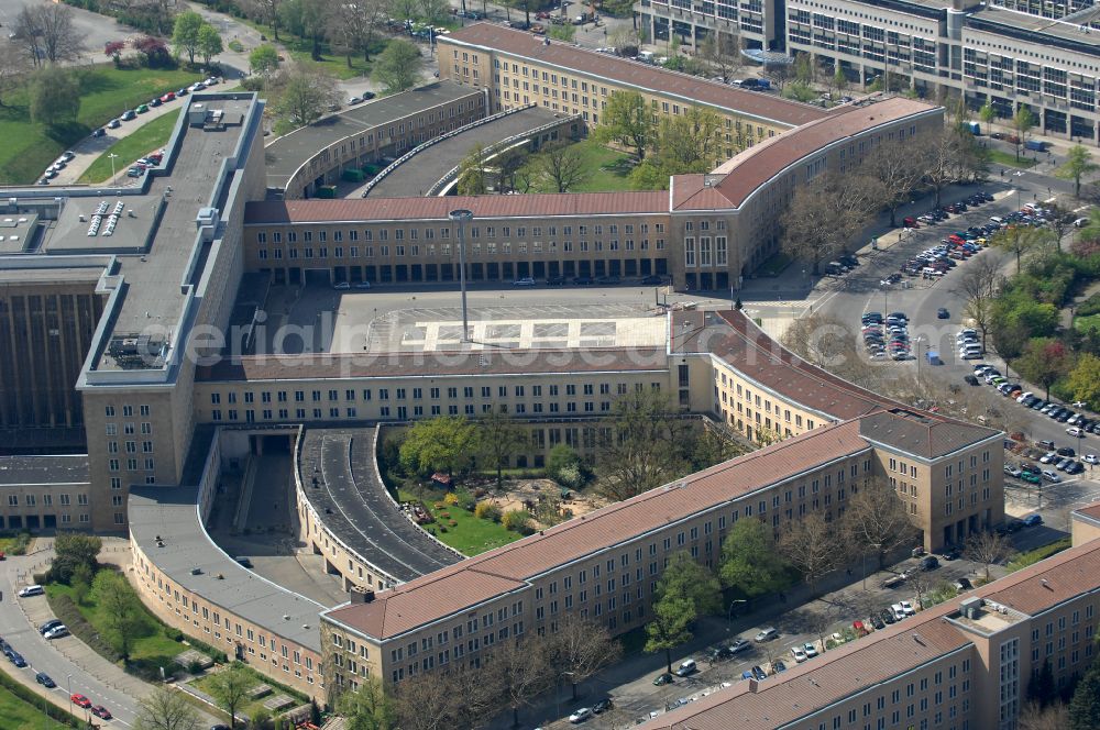 Aerial image Berlin - Facade of the monument Flughafen Tempelhof on Platz of Luftbruecke in Berlin, Germany