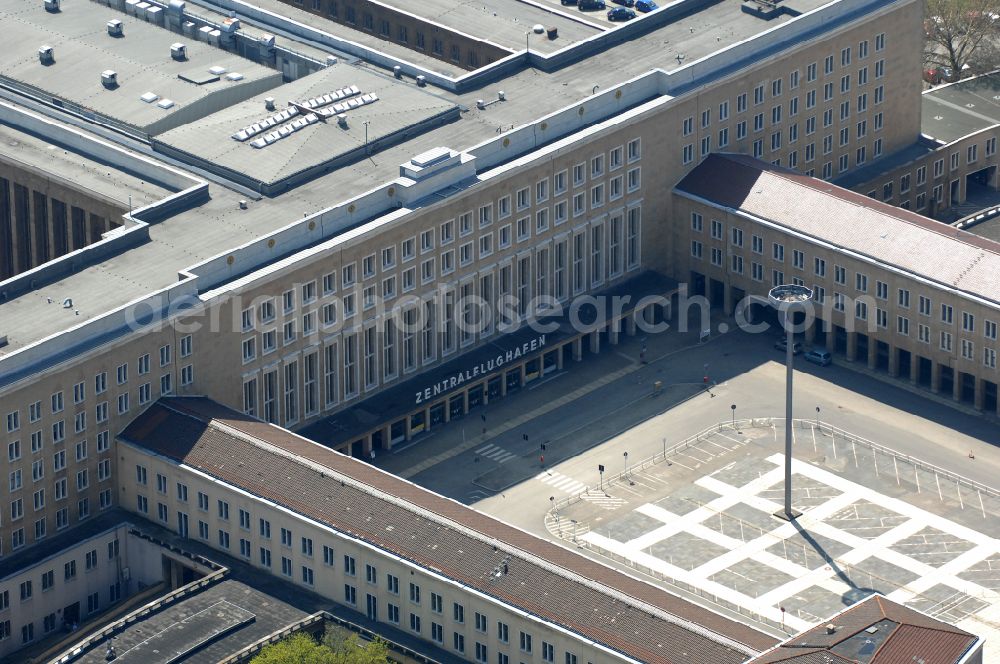 Berlin from above - Facade of the monument Flughafen Tempelhof on Platz of Luftbruecke in Berlin, Germany