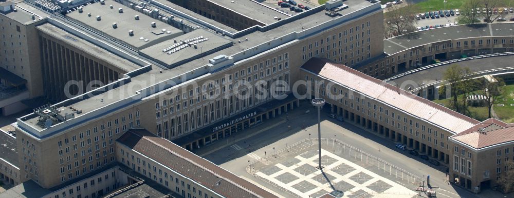 Berlin from the bird's eye view: Facade of the monument Flughafen Tempelhof on Platz of Luftbruecke in Berlin, Germany