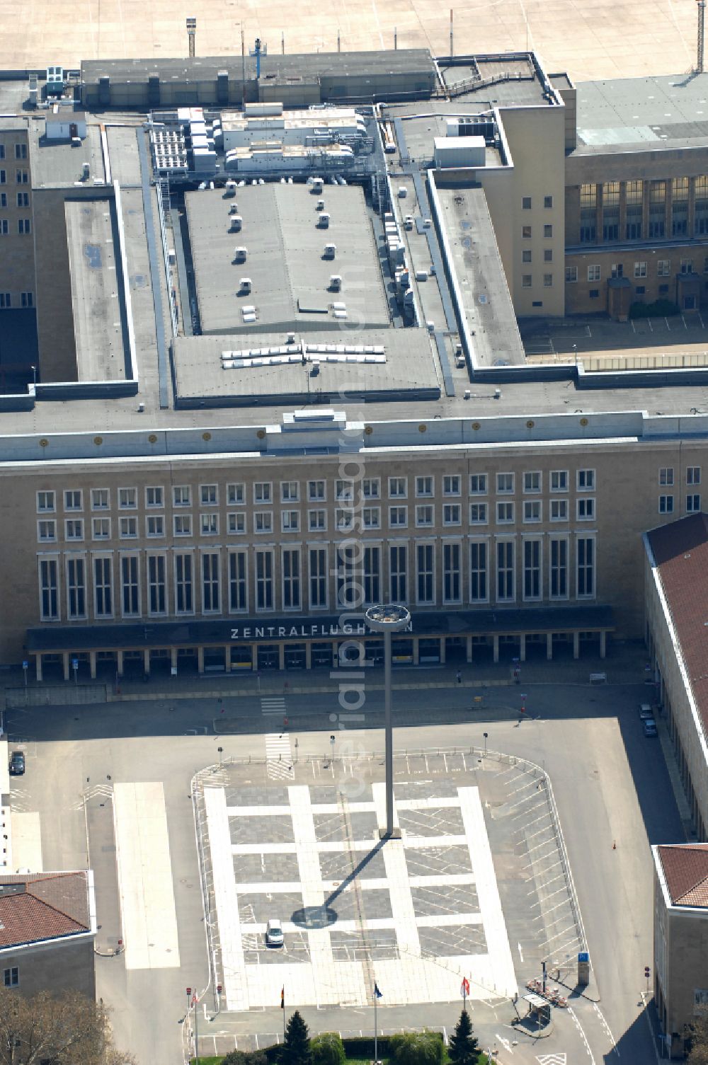 Berlin from the bird's eye view: Facade of the monument Flughafen Tempelhof on Platz of Luftbruecke in Berlin, Germany