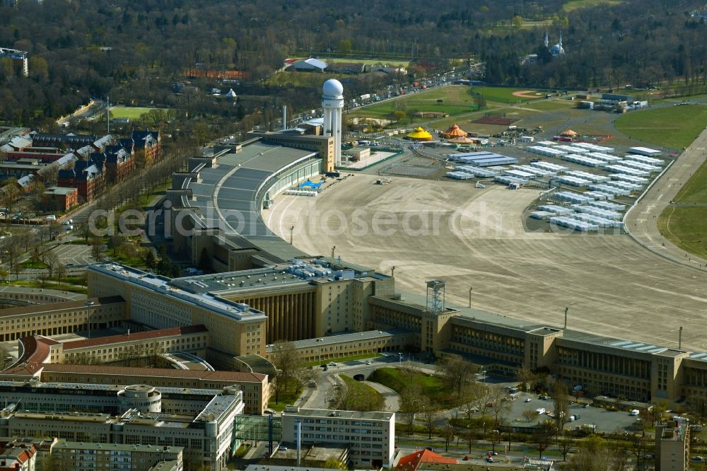 Berlin from above - Facade of the monument Flughafen Tempelhof on Platz of Luftbruecke in Berlin, Germany