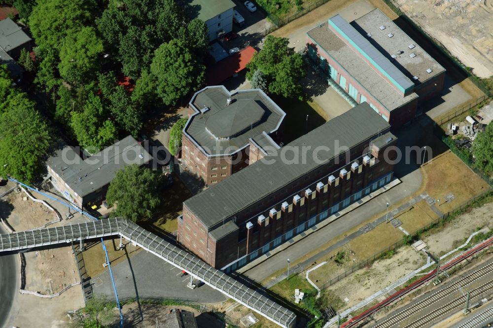 Berlin from above - Facade of the monument of Gleichrichterwerk a former substation at the Markgrafendamm in Berlin, Germany. The building was designed by Richard Brademann and built on behalf of the Deutsche Reichsbahn