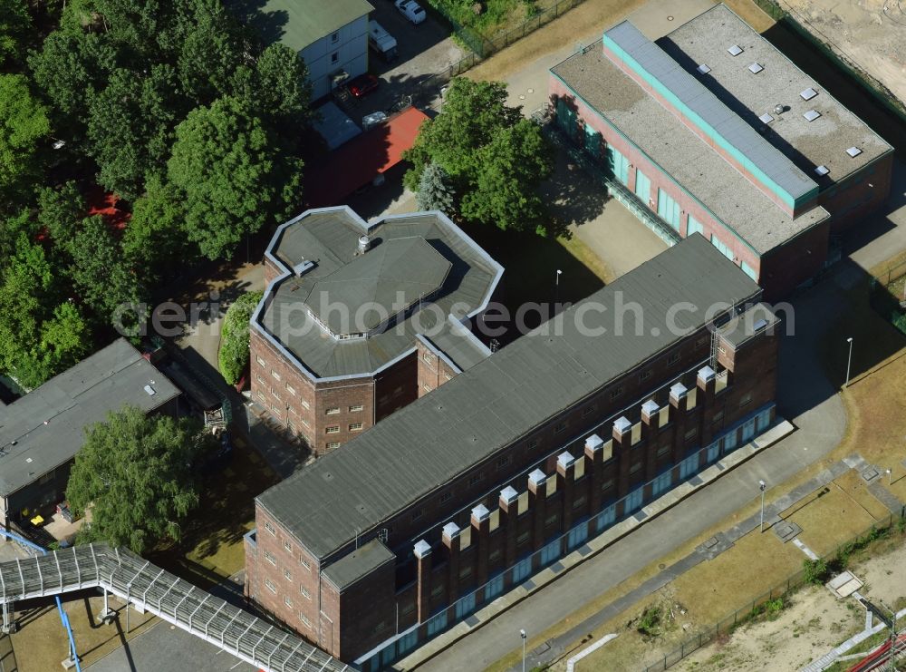 Berlin from the bird's eye view: Facade of the monument of Gleichrichterwerk a former substation at the Markgrafendamm in Berlin, Germany. The building was designed by Richard Brademann and built on behalf of the Deutsche Reichsbahn