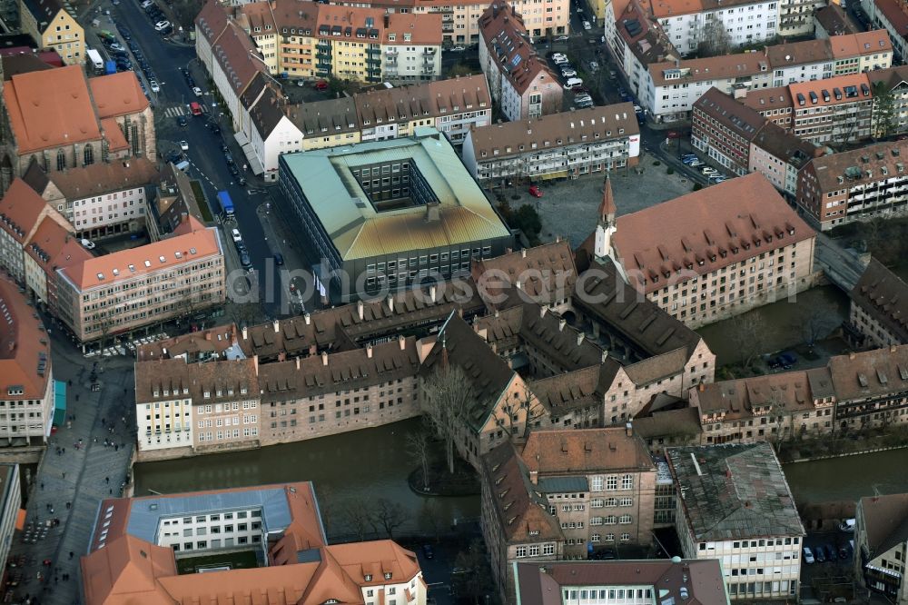 Aerial image Nürnberg - Facade of the monument Heilig-Geist-Spital on Spitalgasse Pegnitz river in Nuremberg in the state Bavaria