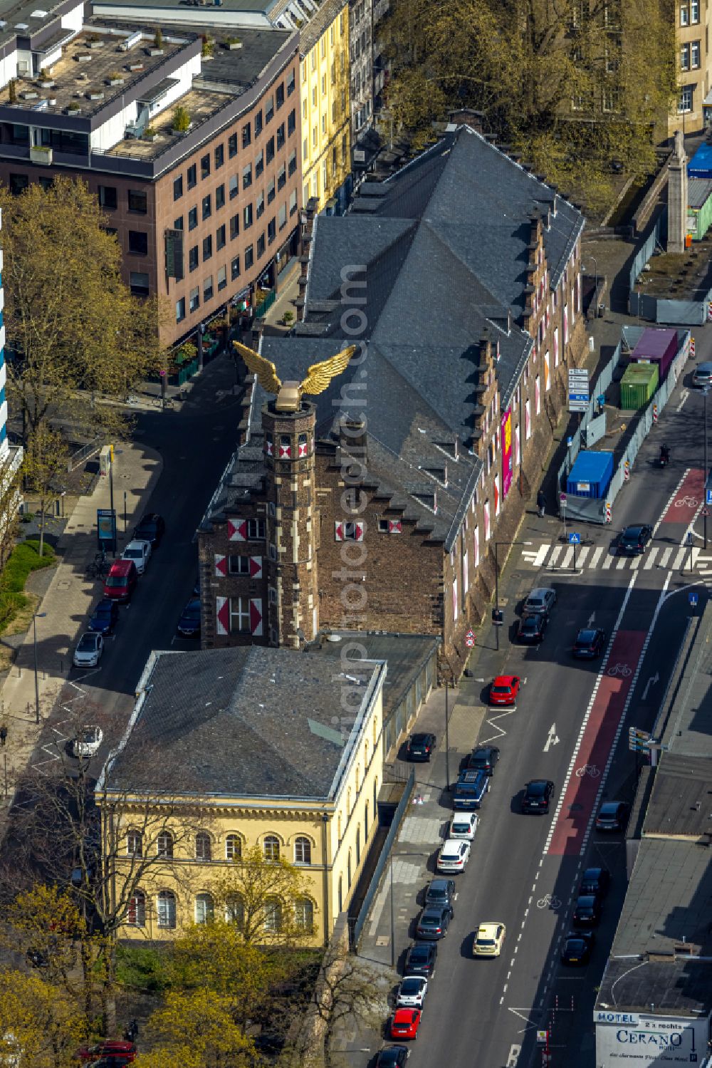 Köln from above - Facade of the monument Historisches Zeughaus on street Elisenstrasse in the district Altstadt in Cologne in the state North Rhine-Westphalia, Germany