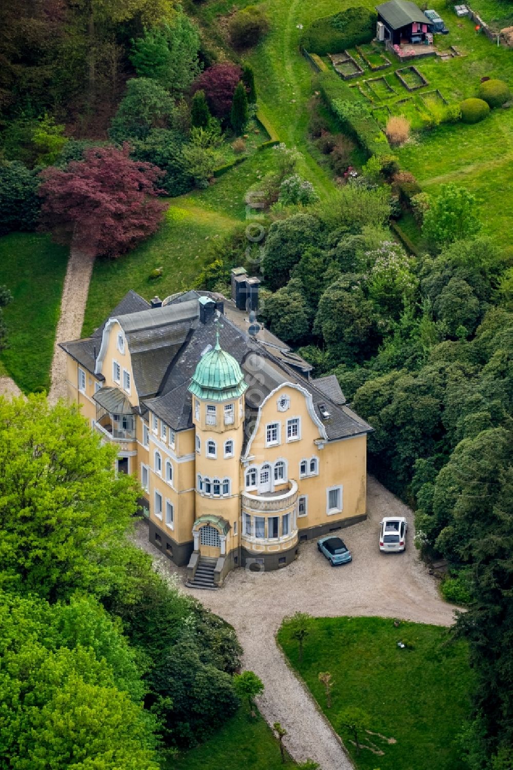 Ennepetal from above - Facade of the monument of historicist factory villa with park a??Haus Doerkena?? also a??Haus Hesterberga?? in Ennepetal on Scharzer Weg in North Rhine-Westphalia, Germany