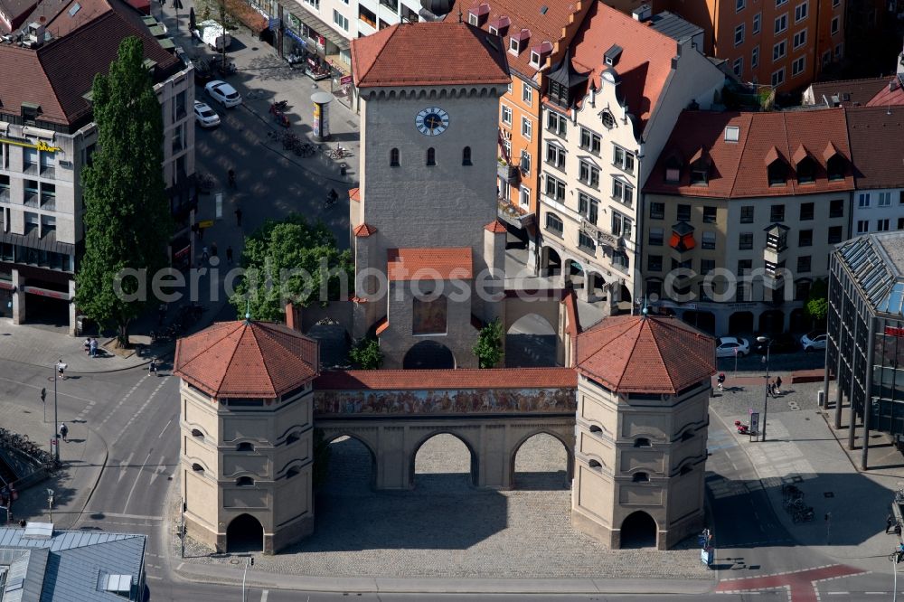 München from above - Visible and tourist attraction of the historical monument Isartor in Munich in the state Bavaria, Germany