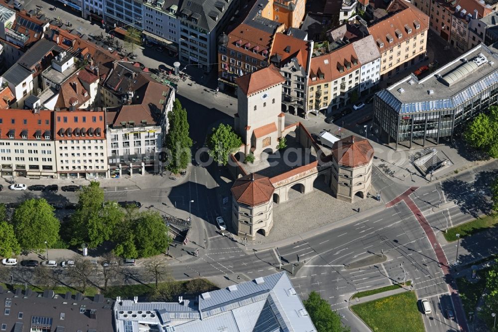 Aerial image München - Visible and tourist attraction of the historical monument Isartor in Munich in the state Bavaria, Germany