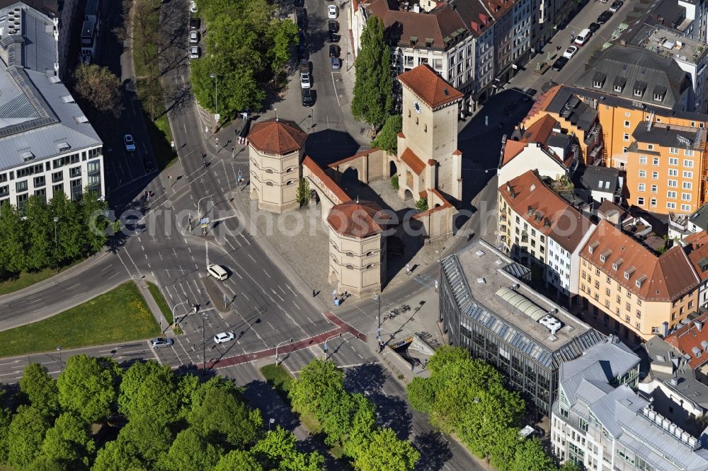 München from above - Visible and tourist attraction of the historical monument Isartor in Munich in the state Bavaria, Germany