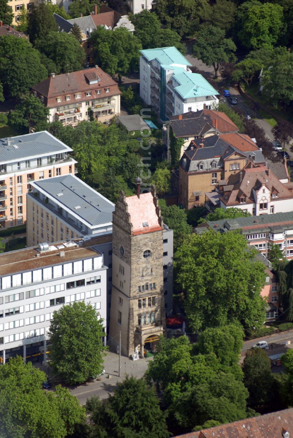 Freiburg im Breisgau from the bird's eye view: Facade of the monument Keplerturm on street Habsburgerstrasse in the district Neuburg in Freiburg im Breisgau in the state Baden-Wuerttemberg, Germany