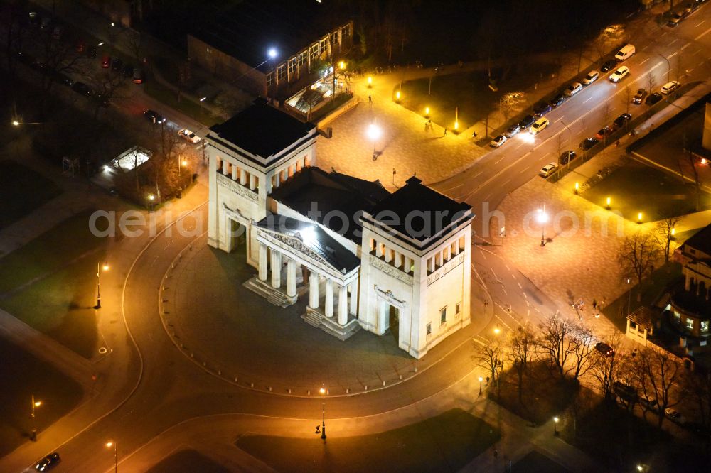 München from above - night view Facade of the monument Propylaeen on Koenigsplatz in Munich in the state Bavaria