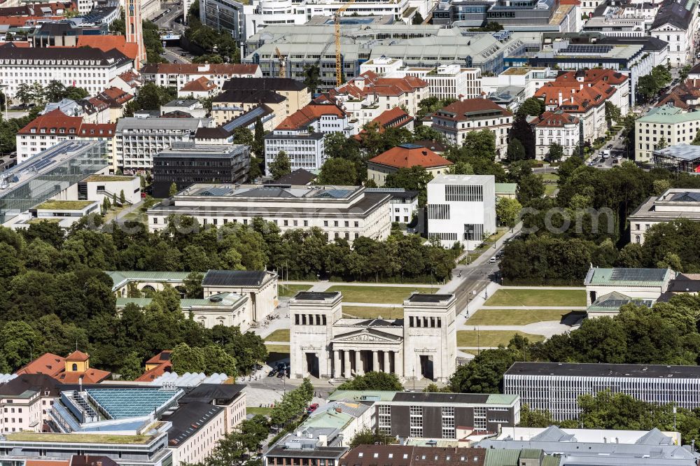 München from above - Facade of the monument Propylaeen on Koenigsplatz in Munich in the state Bavaria