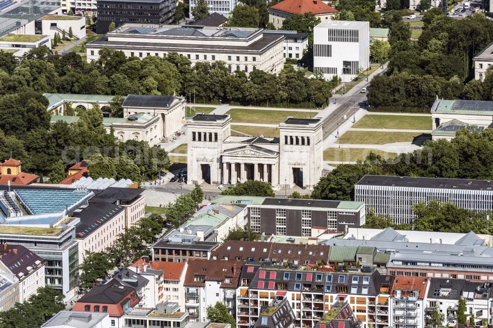 München from above - Facade of the monument Propylaeen on Koenigsplatz in Munich in the state Bavaria