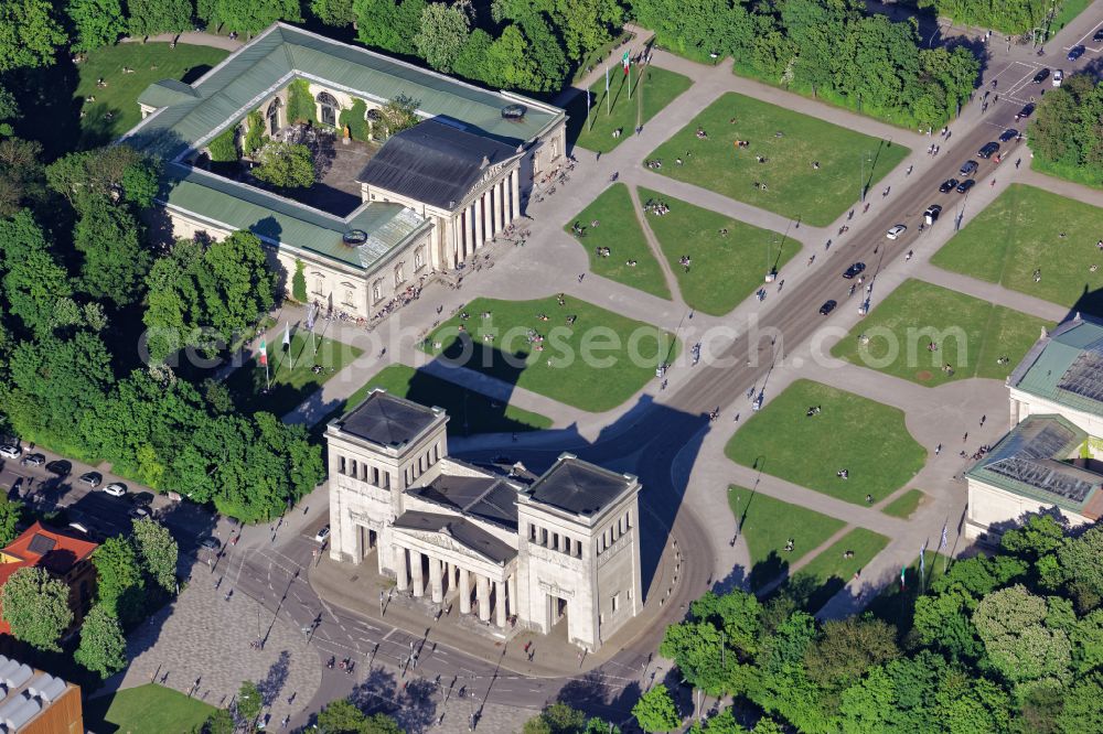 München from above - Facade of the monument Propylaeen on Koenigsplatz in Munich in the state Bavaria