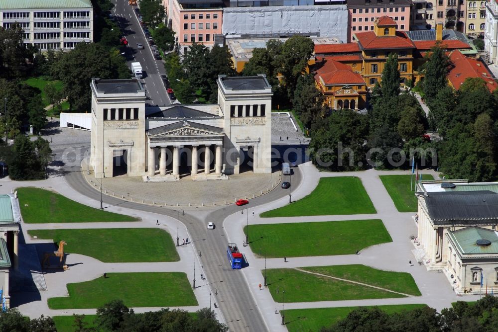 München from above - Facade of the monument Propylaeen on Koenigsplatz in the district Maxvorstadt in Munich in the state Bavaria