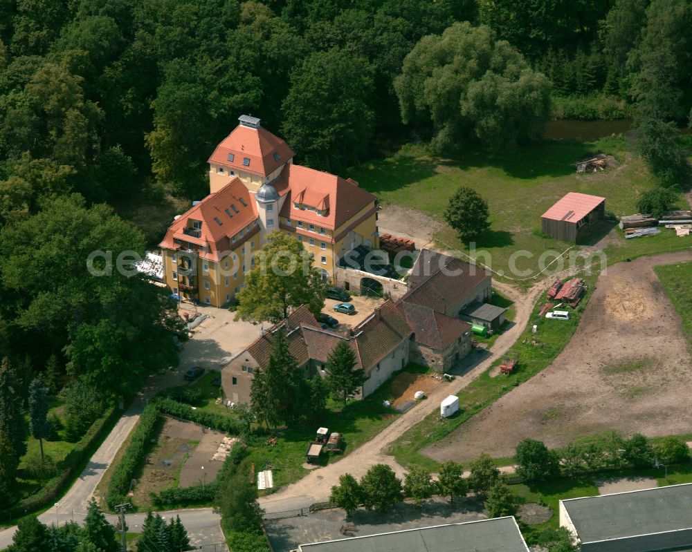 Wildenhain from the bird's eye view: Facade of the monument Schlossmuehle Walda on street Muehlweg in Wildenhain in the state Saxony, Germany