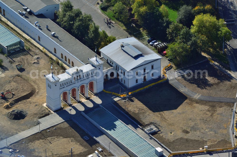 Leipzig from above - Facade of the monument Saechsisch-Bayerischer Bahnhof on place Bayrischer Platz in the district Zentrum-Suedost in Leipzig in the state Saxony, Germany