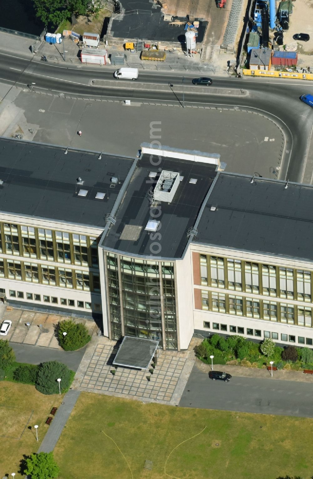 Berlin from above - Facade of the monument Staatsratsgebaeude of ESMT Berlin. The business school founded by business on Schlossplatz in the district Mitte in Berlin, Germany