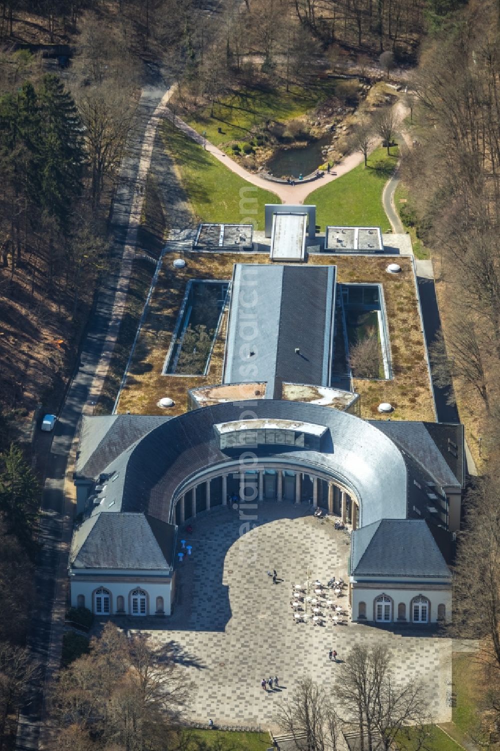 Bad Wildungen from above - Facade of the monument Wondelhalle An of Georg-Viktor-Quelle in Bad Wildungen in the state Hesse, Germany