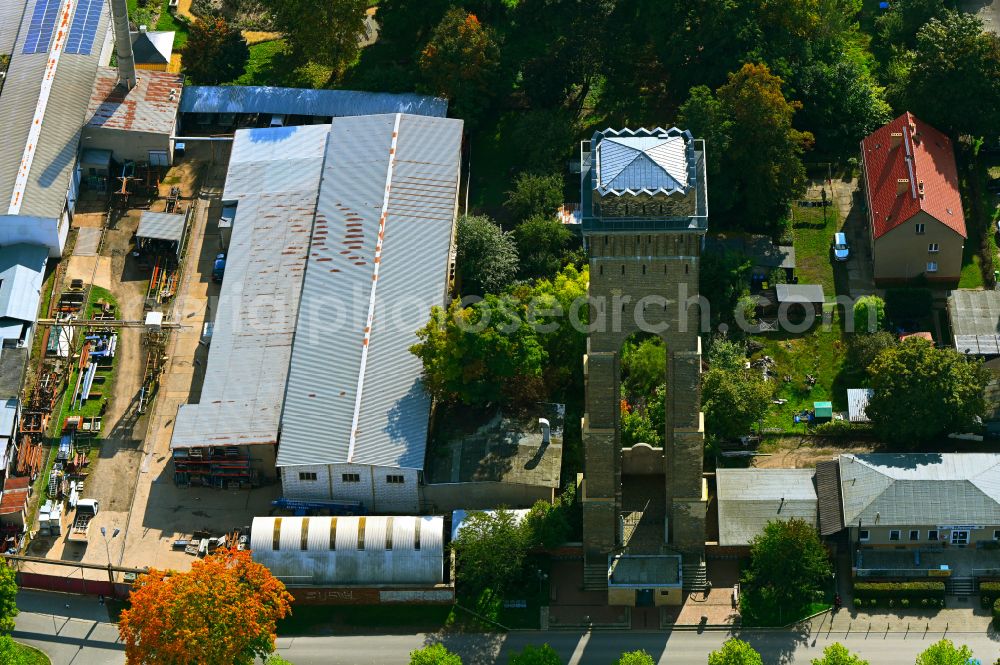 Eberswalde from above - Sight and tourism attraction of the historical monument Wasserturm Finow (formerly Hindenburgturm) in the district Finow in Eberswalde in the state Brandenburg, Germany