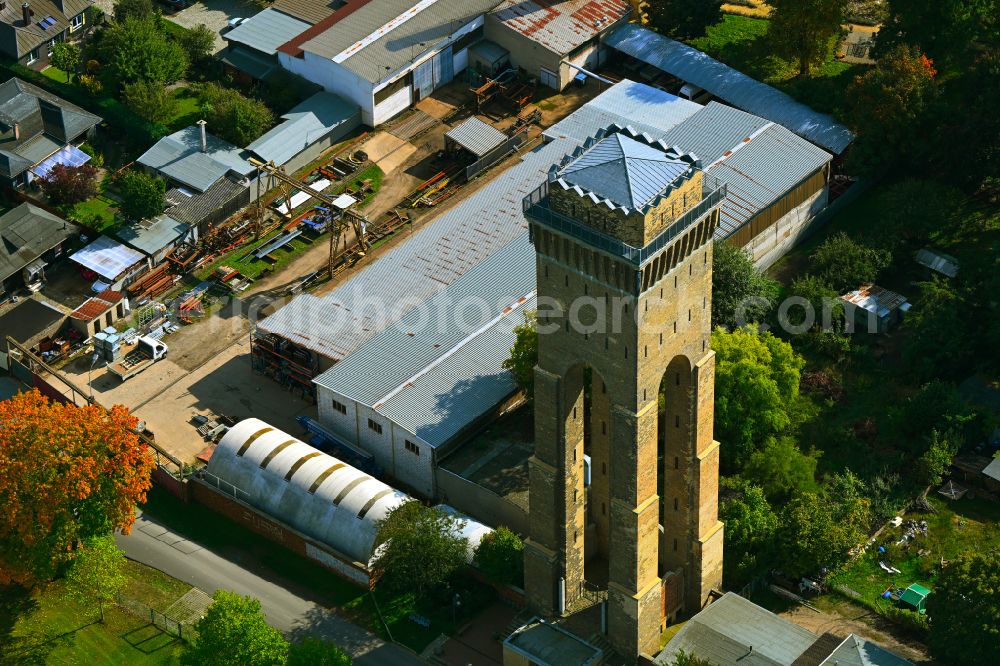 Aerial image Eberswalde - Sight and tourism attraction of the historical monument Wasserturm Finow (formerly Hindenburgturm) in the district Finow in Eberswalde in the state Brandenburg, Germany