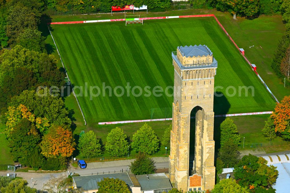 Eberswalde from above - Sight and tourism attraction of the historical monument Wasserturm Finow (formerly Hindenburgturm) in the district Finow in Eberswalde in the state Brandenburg, Germany