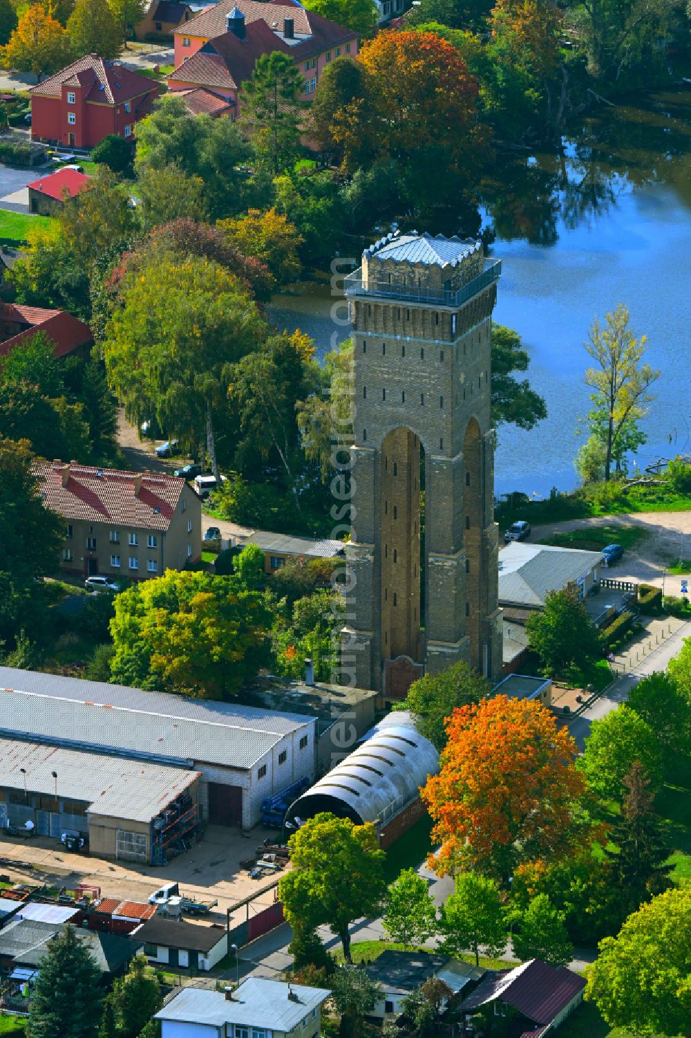 Finow from above - Sight and tourism attraction of the historical monument Wasserturm Finow (formerly Hindenburgturm) in Finow in the state Brandenburg, Germany