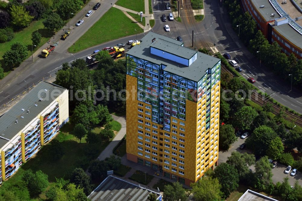 Berlin Marzahn from above - Facade paintings on a residential high-rise on the all the cosmonauts in Marzahn Berlin