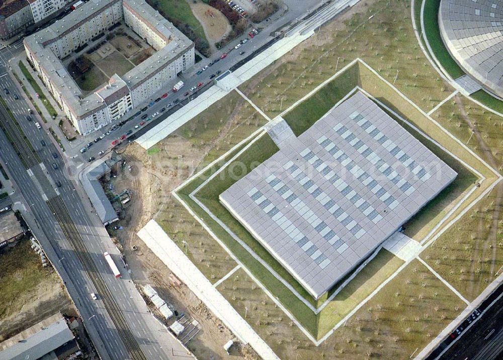 Berlin - Friedrichshain from the bird's eye view: Fast fertiger Neubau der Sportstätten an der Landsberger Allee der OSB-Sportstättenbau GmbH in Berlin - Friedrichshain.