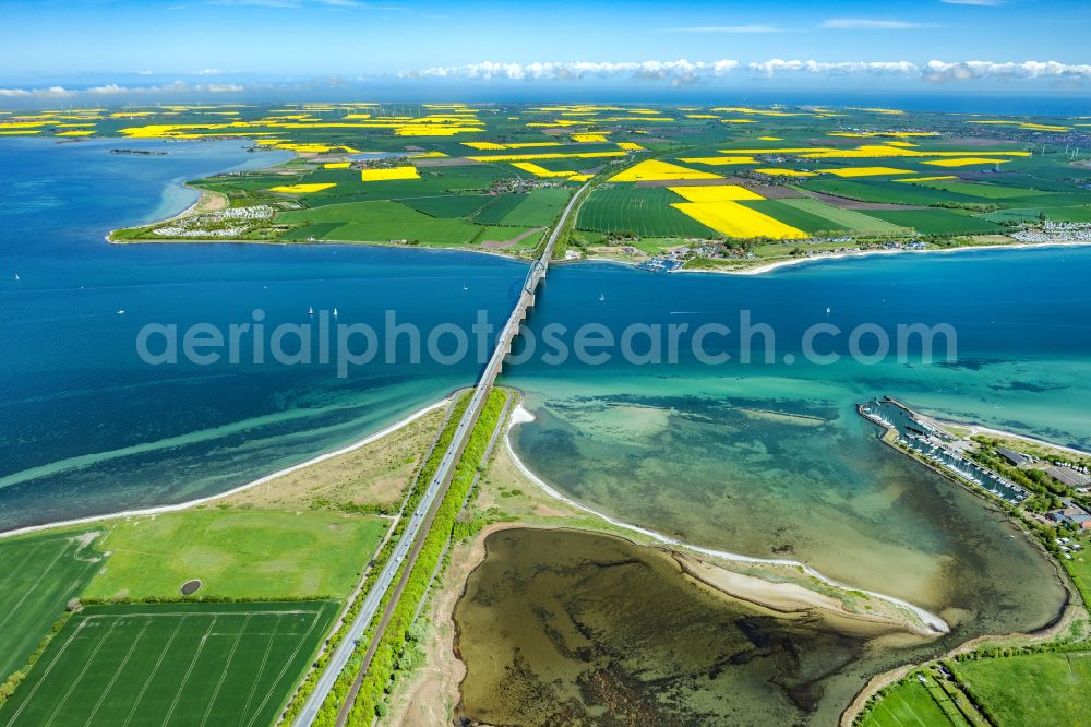 Fehmarn from above - Construction of the pier Fehmarnsundbruecke over the water surface of the Fehmarnsund of the Baltic Sea on the E47 road in Fehmarn on the island of Fehmarn in the federal state of Schleswig-Holstein, Germany