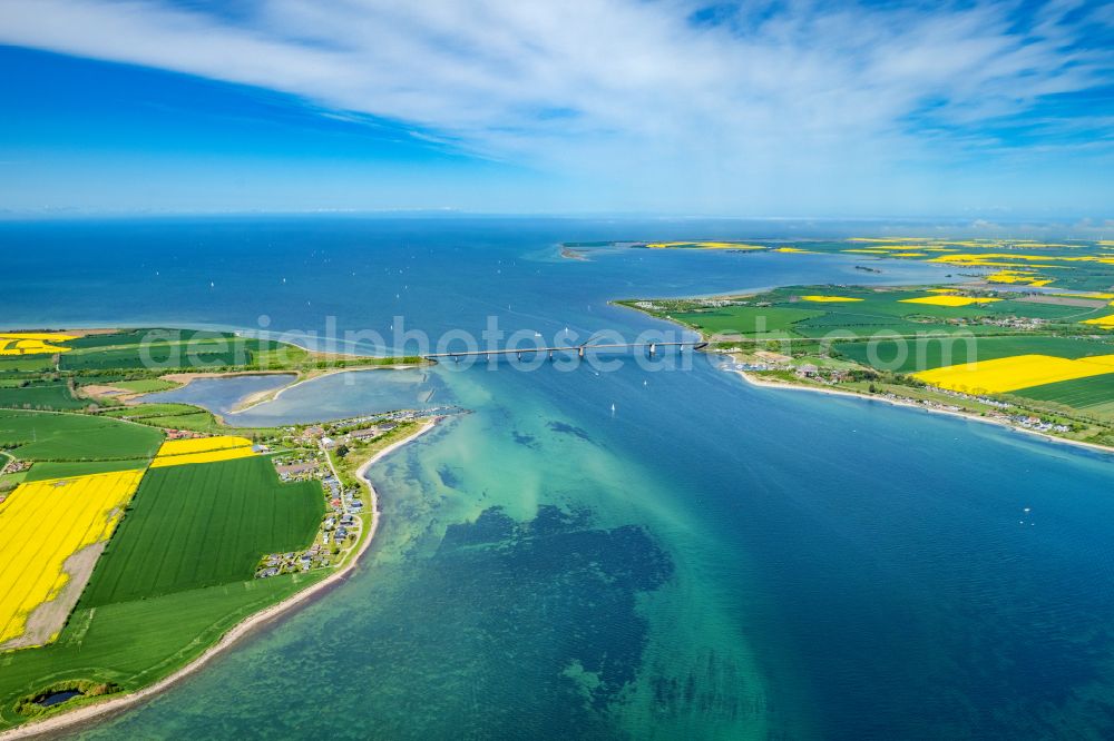 Fehmarn from above - Construction of the pier Fehmarnsundbruecke over the water surface of the Fehmarnsund of the Baltic Sea on the E47 road in Fehmarn on the island of Fehmarn in the federal state of Schleswig-Holstein, Germany