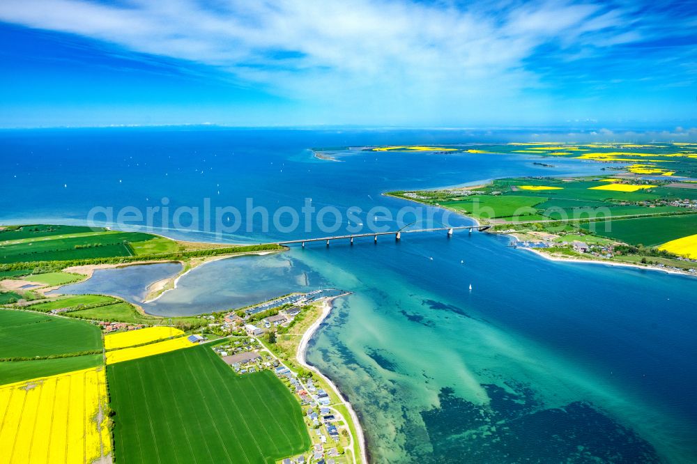 Fehmarn from above - Construction of the pier Fehmarnsundbruecke over the water surface of the Fehmarnsund of the Baltic Sea on the E47 road in Fehmarn on the island of Fehmarn in the federal state of Schleswig-Holstein, Germany